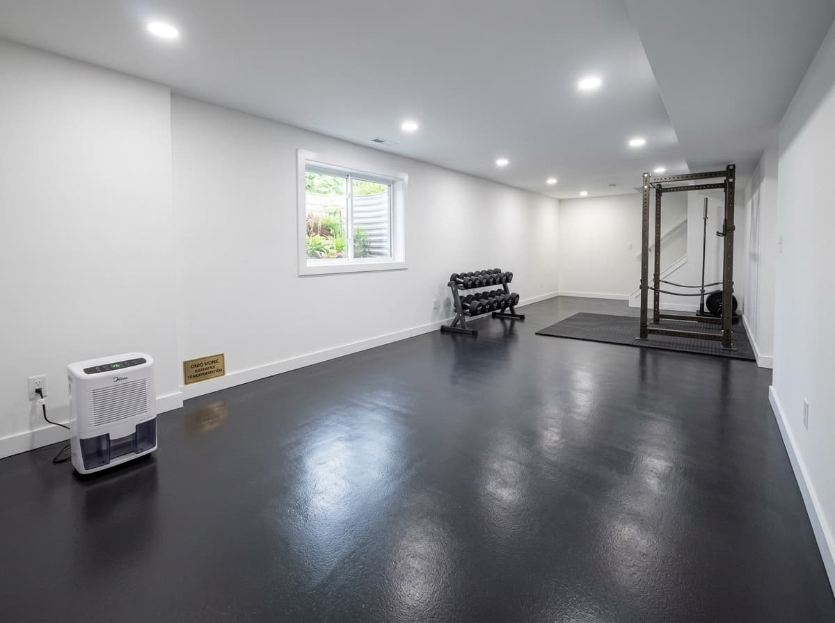 Home gym basement with charcoal floor coating — Beachwood, OH