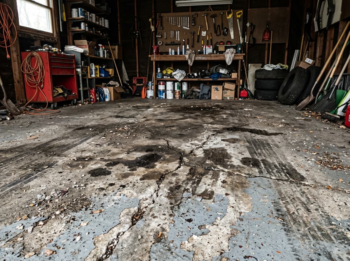 Before: Stained cracked garage floor — Greater Cleveland OH
